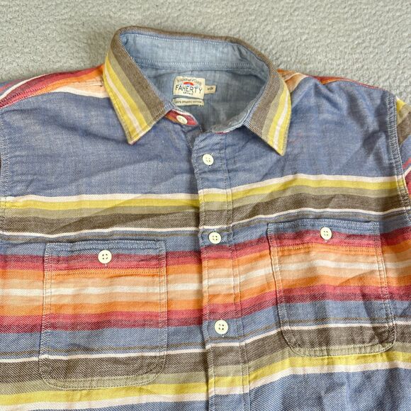 Faherty Button Down Shirt Mens L Blue Stripe Chambray Denim Long Sleeve Pocket - Picture 1 of 10